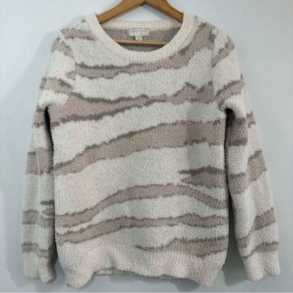 BAREFOOT DREAMS Cozychic White Tan Animal Print Super Soft Crew Neck Sweater S - Picture 1 of 7